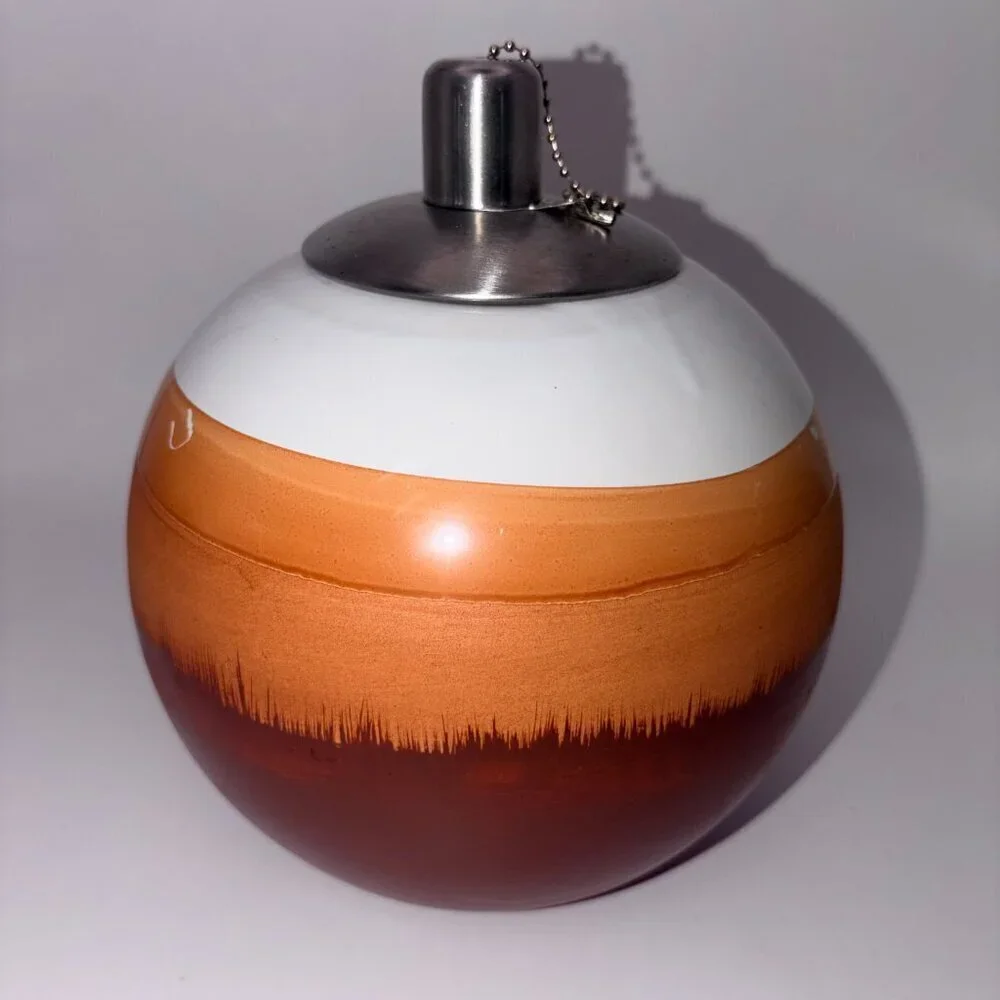 VTG Glass Fragrance Oil Lamp Mid Century Modern Amber White Glass Metal Wick 7